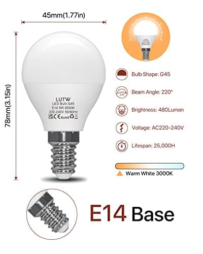 LUTW Ampoule LED E14 G45 Blanc Chaud 3000k, 5W Équivalent 40W, G45 Type Globe Ampoules avec Petit Culot à vis, 480lm, Économie d'Énergie à Angle de Faisceau 220°, Non Dimmable, Lot de 6