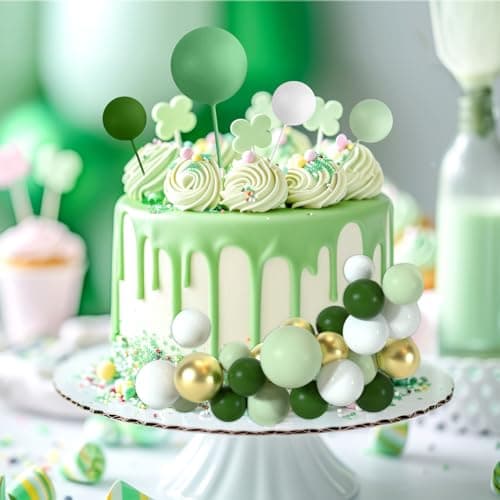 BOUBONI 48 Pièces Boules de Décoration de Gâteau Décorations de Cupcake en Ballon Boules de Gâteau pour Fête d'anniversaire Décoration de Gâteau d'Anniversaire(Vert, Vert Clair, Blanc, Or)
