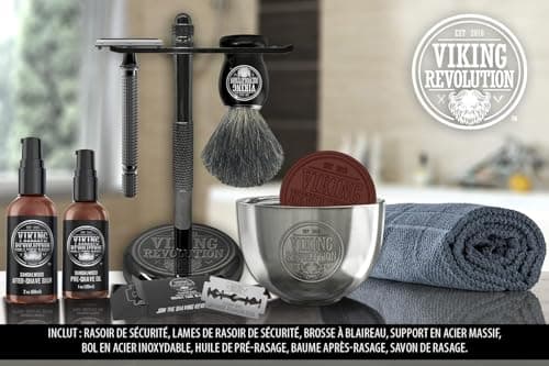 Viking Revolution - Kit Rasage Homme Complet de Luxe - Comprend un Rasoir de Sécurité, un Support, un Bol, un Baume Après-Rasage, une Huile Avant-Rasage & un Blaireau - Cadeau Homme