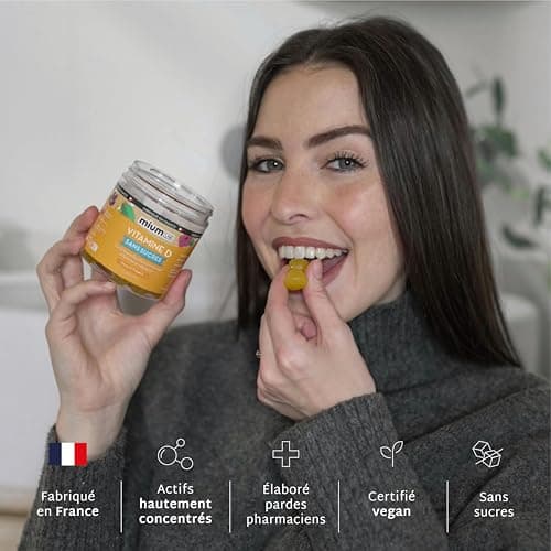 Mium Lab - Vitamine D3 (2000UI) - Hautement dosé et absorbé - Système Immunitaire, Soutient des os, des muscles, Croissance - Enfants & Adultes - Cure 21 jours - Gummies sans sucres Fabriqué en France