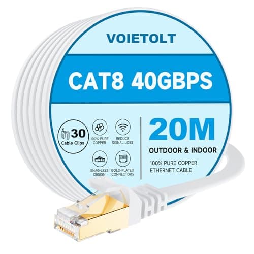 VOIETOLT CAT8 Câble Ethernet 20M avec Clips, 40Gbps/2000Mhz Haut Débit Gigabit RJ45 LAN Câble Réseau Internet, Cat-8 Plat Câble PatchBlindé Robuste pour PS4/5 Ordinateur Modem PC TV – Blanc