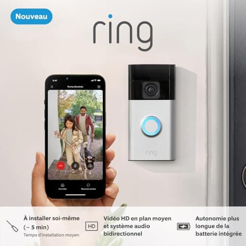 Nouvelle Ring sonnette vidéo sans fil (Battery Video Doorbell) avec vidéo HD en plan moyen | Installation facile (5 min) par soi-même | avec batterie intégrée I Essai Ring Home gratuit 30 j.
