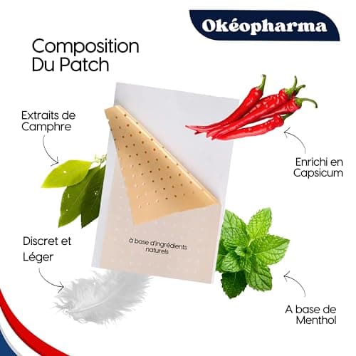 Patch Chauffant Okéopharma - adhésifs - Décontractant Musculaire Efficace pour dos, épaules, Nuque - Chaleur Confortable et Constante 12h - Pansement naturel à base de Camphre - Format économique