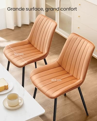 SONGMICS Lot de 2 Chaise Salle à Manger, Chaise Cuisine, Supportant Jusqu’à 120 kg, Pied en Acier, Dossier Ergonomique, pour Salle à Manger, Cuisine, Marron Caramel et Noir d'encre LDC090K01