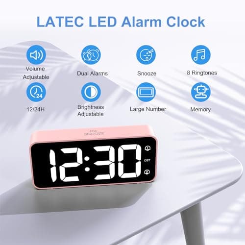 LATEC Réveil Numérique, Réveil LED avec Adaptateur, 0-100% Luminosité et Volume Réglable, 5,8" Grand écran Horloges avec 2 Alarmes, Fonction Snooze, 12/24H pour Bureau de Chambre(Rose)