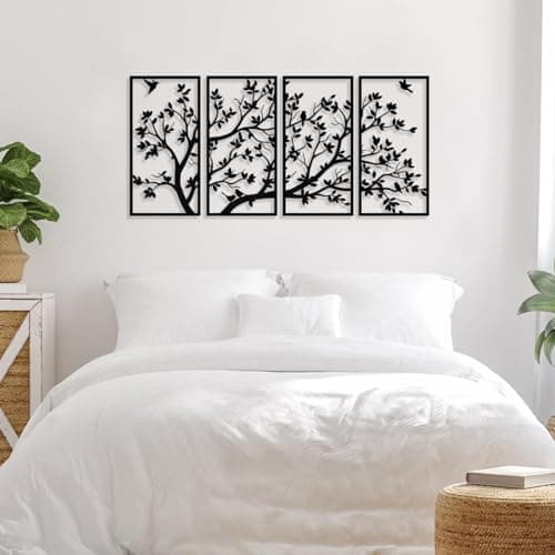 Décoration murale arbre de vie en métal à 4 panneaux pour cadeau de jardin, maison, chambre à coucher, salon (60 x 30 cm)