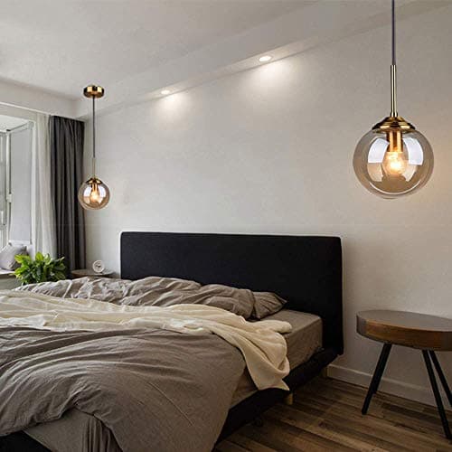 LFsem Industriel Rétro Suspensions Boule De Verre Lampe Suspension Raccords En Laiton Suspension E27 Loft Suspension pour Salon Salle À Manger Chambre (Célibataire, Ambre)