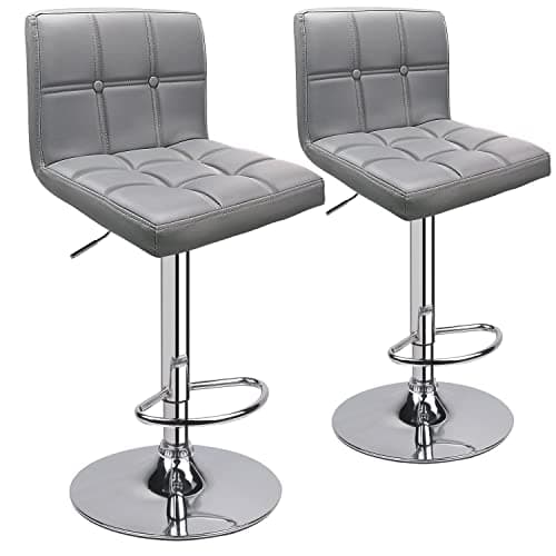 Leader Accessories Lot de 2 Tabourets de Bar,Double Couture Dos Carré avec Bouton Décoration, Réglage en Hauteur avec Dossier,Revêtement en PU, Rotatif à 360 Dégrées, pour Comptoir,Cuisine,Gris Clair