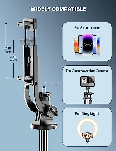 163.5CM Perche à Selfie, Trépied Smartphone, Extensible Selfie Stick Trépied de Téléphone avec Télécommandeet Support pour Téléphone Portable Compatible avec iPhone/Samsung/GoPro/Camera