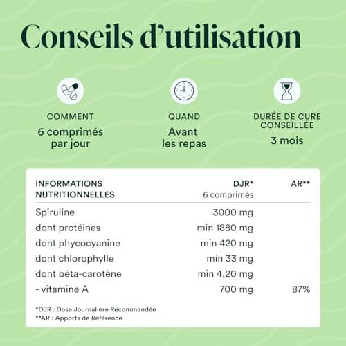 NOVOMA Spiruline 500 mg, 100% Pure Sans Excipient, Immunité & Anti-Fatigue, 19% de Phycocianine, Riche en Protéines, Minéraux & Vitamines, Conditionné en France, 500 Comprimés Vegan