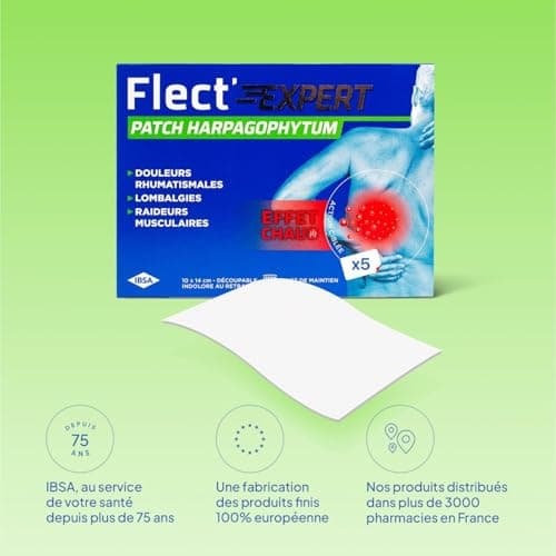 Flect'Expert - Patch Harpagophytum - Effet Chaud Immédiat - Apaise, Assouplit, Dénoue - Technologie Hydrogel, Extrait d'Harpagophytum, d'Arnica et de Gaulthérie - 5 Patchs 10x14cm + Filet de Maintien