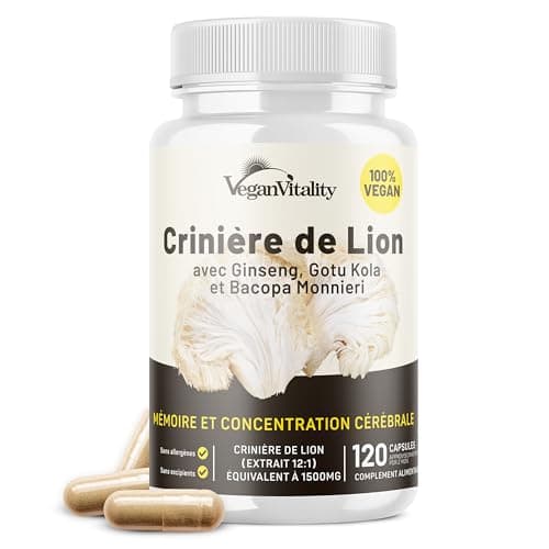 Complexe de capsules de supplément de champignons Lions Mane - Supplément sans caféine, extrait de crinière de lion - 120 capsules végétaliennes de Bacopa Monnieri, Gotu Kola, Ginseng