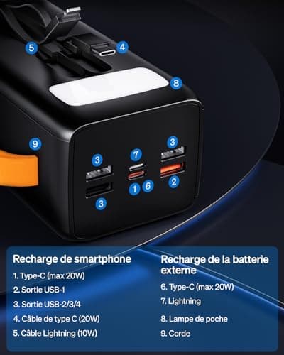 Power Bank de 50000 mAh avec câble intégré : Batterie Externe de Charge Rapide de 22,5 W avec Grande capacité, Chargeur Portable avec Lampe de Poche LED et 7 Sorties et 3 entrées-Noir with