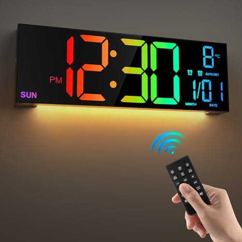 HAITANG Grande Horloge Murale numérique de 16" pour Salon, télécommande, Double Alarme, 8 Couleurs RVB, Grand écran LED, luminosité Automatique, Date, Heure d'été Automatique, température