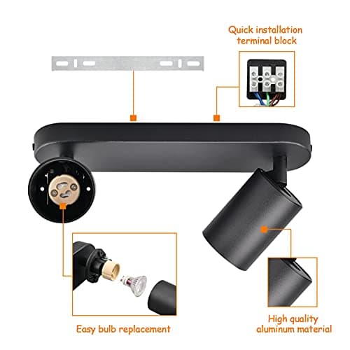KYOTECH Plafonnier LED 2 Spots Orientables 2 GU10 Spots de plafond Pivotants & Orientables,Applique murale LED Noir mat,livré sans ampoules