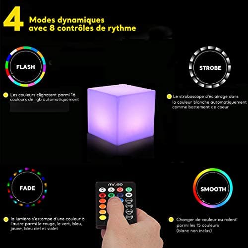 Mr.Go 8" LED Cube Lumineux Couleur Changeante Lampe d'ambiance avec 16 RGB Couleurs, Luminosité Variable, 4 Modes d'éclairage pour Intérieure Extérieure Décor, Rechargeable Veilleuse avec Télécommande