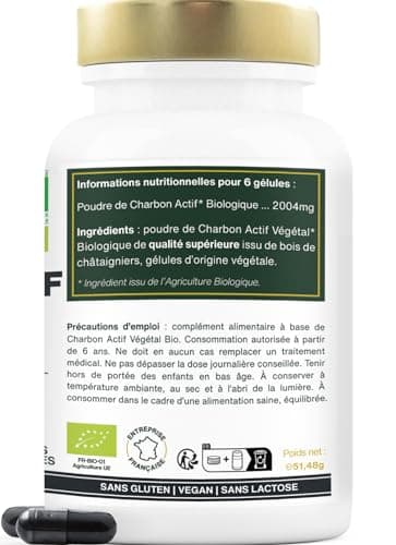 Charbon Actif Végétal BIO | Haute Concentration, 2000mg / Jour | 120 gélules de 334mg | Ballonnements, Flatulences | Qualité Supérieure, Français