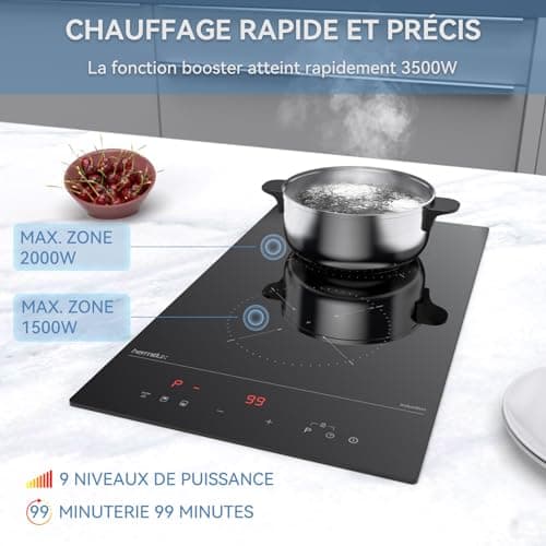 Hermitlux Domino plaque induction 2 feux encastrable, plaque induction Vitrocéramique noire avec 9 niveaux de puissance et fonction Boost, contrôle tactile & sécurité enfants, 30CM, 3500W