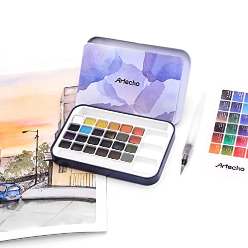 Artecho Lot de Peintures Pour Aquarelle Avec Pinceau Inclus, 24 Couleurs Eclatantes, Léger et Portable, Idée Cadeau Parfaite Pour les Artistes Débutants ou Professionnels