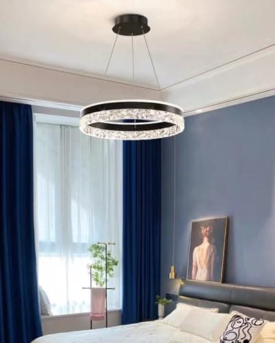 Deliouay Lampe à suspension LED table à manger ronde suspension anneau moderne lampe à suspension dimmable table à manger avec télécommande suspension salon cuisine Bureau (noir, Ø50cm)