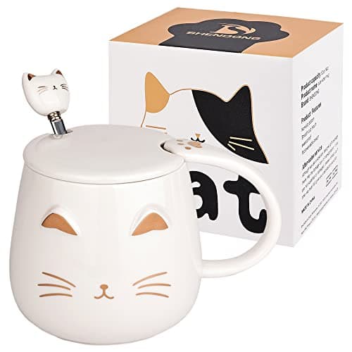 SHENDONG Tasse chat blanc Jolie tasse à café en céramique avec couvercle et cuillère Kawaii Nouveauté Morning Cup Tasses à café- Animaux 3D Tasses de chat pour les amoureux des chats Femmes Cadeaux