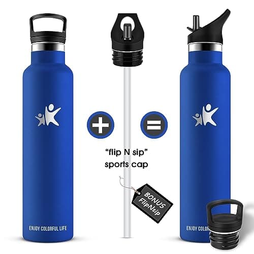 KollyKolla Gourde Isotherme 1L, Gourde Inox avec en Paille, Bouteille d'eau sans BPA, Réutilisable, Anti-Fuite, Acier inoxydable à Double Paroi Isolée, pour Enfant, Adultes, Sport - 2 Couvercles