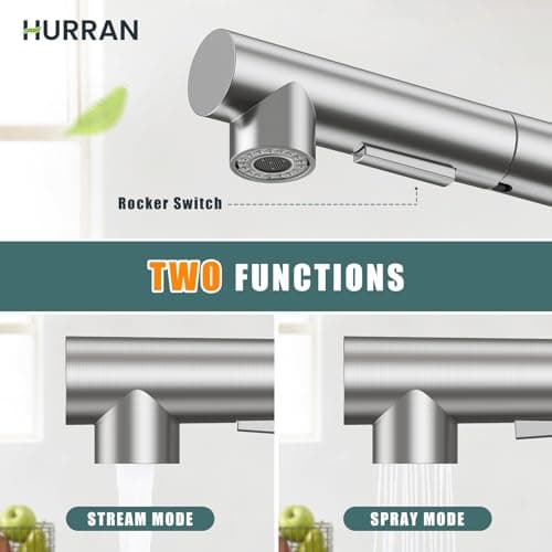 HURRAN Robinet Cuisine avec Douchette Extractible, Mitigeur Cuisine en acier inoxydable avec 2 Modes de Pulvérisation, Robinetterie de Cuisine Monocommande Pivotant à 360°, Nickel Brossé