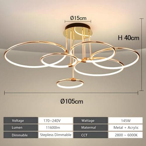 YYUTLUO Plafonnier LED, Ø105cm lustre Cercle En Métal Doré, 145W Dimmable En Continu 3000-6000K, Pendentif Galvanoplastie Rond Moderne, Chambre Salon Enfants Bureau Étude Cuisine Couloir (6 Anneaux)