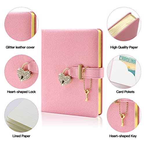 Topzora Journal Intime Fille Cadenas et clé +Stylo Diamant en Forme de Coeur,Carnet Secret,(Rose)