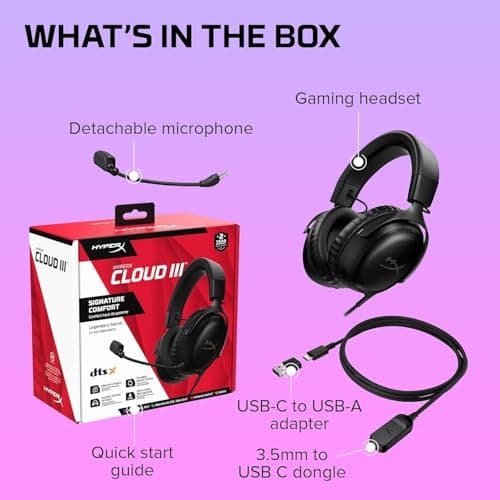 HyperX Cloud III – Casque de Gaming Filaire, PC, PS5, Xbox Series X|S, DTS, Mousse à mémoire de Forme, Microphone au Son cristallin de 10 mm, avec Suppression du Bruit, USB-C, USB-A, 3.5mm – Noir