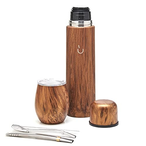 BALIBETOV Ensemble complet de Yerba Mate - Modern Mate Gourd, Thermos, Bombilla et Brosse de Nettoyage Inclus - Tous en Acier Inoxydable 304 18/8 de Qualité Supérieure (Bois)