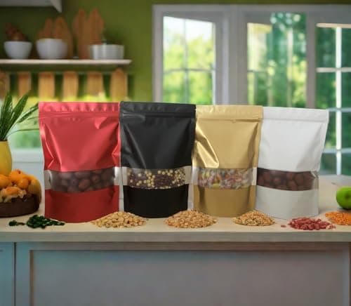 Rimiko 100 Pcs Sachets Alimentaires Debout avec Fenêtre Transparente, Sachet Zip Refermable Aluminium Stand up, Sac Pochette Mylar pour Conservation des Aliments (Doré,10x15 cm)