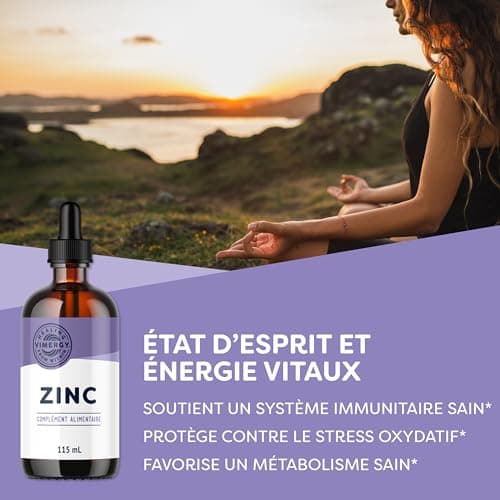 Vimergy Zinc Liquide 115 ml – 57 Portions – Complément de Zinc Liquide – Bon pour le Métabolisme et les Os – Antioxydant – Sans Sucre Raffiné – Sans Gluten, Sans OGM, Végan, Paléo-Amical