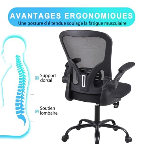 Youhauchair Chaise Bureau, Fauteuil de Bureau avec Accoudoirs Rabattables, Chaise de Bureau Ergonomique Confortable avec Soutien Lombaire, Noir