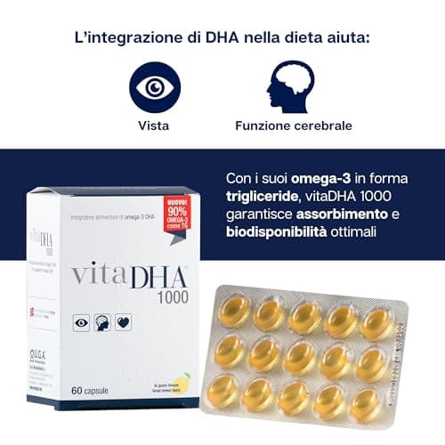 VitaDHA 1000 – Omega -3 Supplément alimentaire DHA - précieux pendant la grossesse et l'allaitement - alliée pour la santé du cerveau, cœur et vision - Saveur de citron - 60 gélules