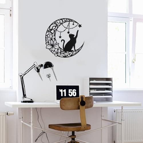 momgyaamz 11,8" Art Mural Noir en Métal, Chat qui choisit des étoiles sur la lune Décoration Murale Ronde Silhouette Art, pour Cadeau intérieures et extérieures Jardin Maison Décoration(30x30cm)