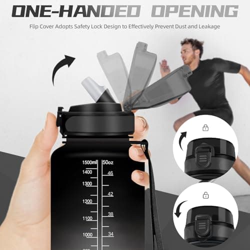 Gourde 1.5L, Gourde Sport avec Paille, Gourde Motivation anti Fuite, avec Marqueur de Temps, Gourdes de Camping et Randonnée, Facile à Nettoyer, Gourde Adulte pour Yoga, Running, Camping, Noir-Rouge