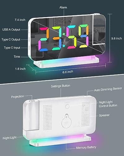 SZELAM Réveil à projection, 18,7 cm, horloge numérique LED, grand écran, avec projecteur rotatif à 180°, veilleuse RVB, port USB C, horloge de bureau moderne pour décoration de chambre à coucher –
