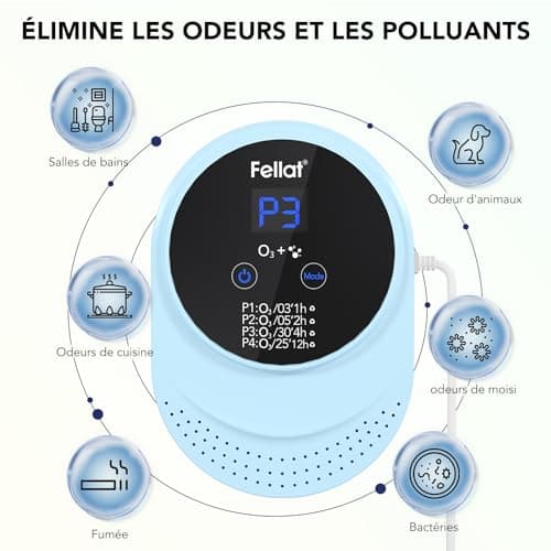 Générateur d'ozone, FELLAT 150mg/h Mini Purificateur d'Air à l'ozone avec 4 Modes, Générateur d'ozone portable pour chambre, salle de bain, animaux domestiques, formaldéhyde et odeur