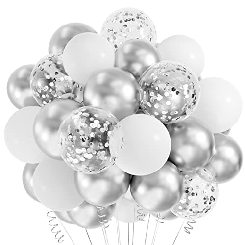 CHRORINE Lot de 50 ballons blancs argentés de 30,5 cm avec rubans à confettis pour anniversaire, fête prénatale, mariage, remise de diplôme, décoration de fête