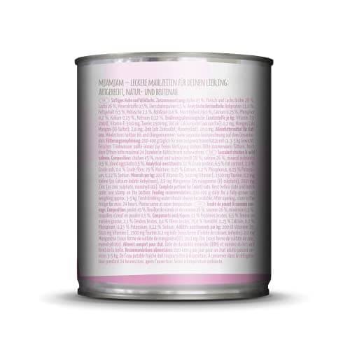 MjAMjAM - nourriture humide premium pour chats - poulet juteux et saumon sauvage, pack de 6 (6 x 800 g), sans céréales avec supplément de viande