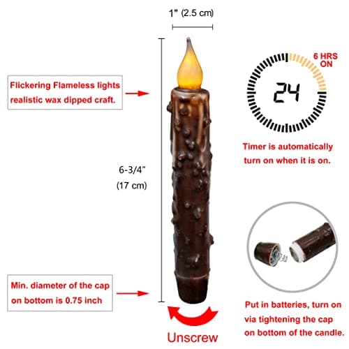 CVHOMEDECO. Bougies en cire véritable, trempées à la main et alimentées par des piles, avec minuterie à LED, décoration rustique primitive, 17,1 cm, marron, 2 PCS dans un paquet