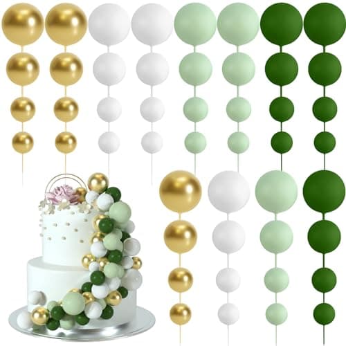 BOUBONI 48 Pièces Boules de Décoration de Gâteau Décorations de Cupcake en Ballon Boules de Gâteau pour Fête d'anniversaire Décoration de Gâteau d'Anniversaire(Vert, Vert Clair, Blanc, Or)