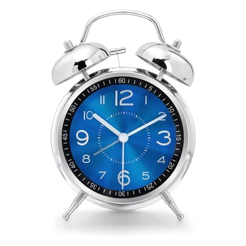 Lafocuse Reveil Double Cloche Analogique sans Tic-tac, Réveil Métal Bleu avec Grand Cadran, Horloge de Table Silencieuse avec Lumière de Nuit pour Chambre Bureau 16cm