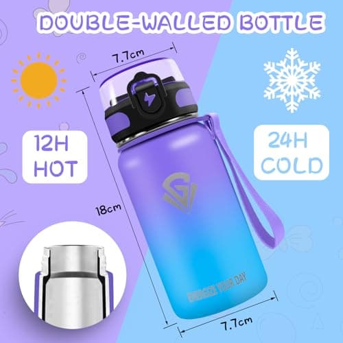 Grsta Gourde Isotherme, 500ml Gourde Enfant, Gourde Inox avec Paille, Gourde Metal Sans BPA, Facile à Nettoyer, Gourde Reutilisable Anti-Fuite, Bouteille d'eau pour Running, École, Bureau, Foot