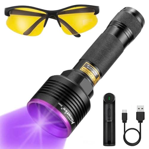 Alonefire SV41 10W Lampe Torche UV LED 395nm Rechargeable Lampe Ultraviolet Lumiere Noire Détecteur D'urine pour Resine, Pêche, Scorpion, Minéraux avec Lunettes de Protection UV, Chargeur, Batterie