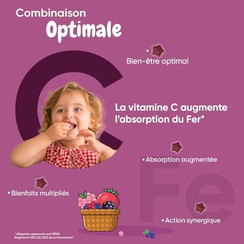 Gummies Fer avec Vitamine C - 120 Gummies Vitamine Enfant (4mois) de 3 à 12 ans - Gummies Enfant Vitamine C Acide Ascorbique & Fer Sans Allergènes - Cure Vitamine Fatigue, Os, Croissance & Immunité