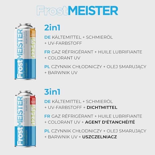 FrostMEISTER Kit de recharge 3 en 1 pour climatiseur de voiture R134a (1995-2016) - 2 canettes de 400 ml et tuyau avec manomètre - Remplacement du réfrigérant, de l'huile et du mastic - Utilisation