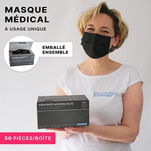ARNOMED Masques médicaux noirs 50x, masques noirs type IIR, masques médicaux noirs conformes à la norme EN 14683, masques chirurgicaux noirs 4 couches certifiés CE, protège-masques jetables noirs