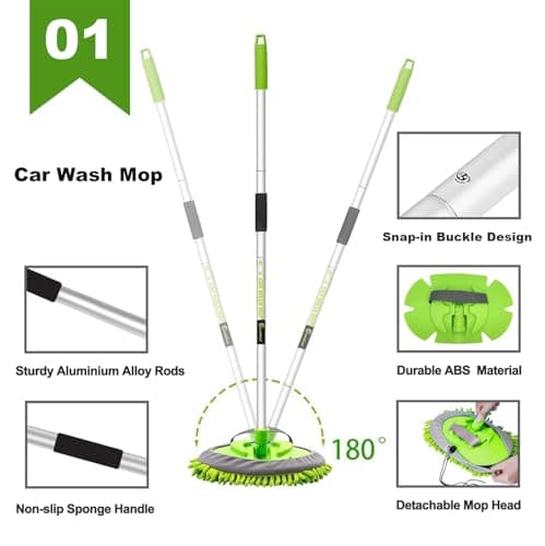 GreatCool Brosse Lavage Voiture Nettoyage à Manche Long Kit de Vadrouille, 2 en 1 Chenille Microfibre Balai Pinceau ​pour Véhicule Voitures Camion Caravane, sans Rayures (Bleu)